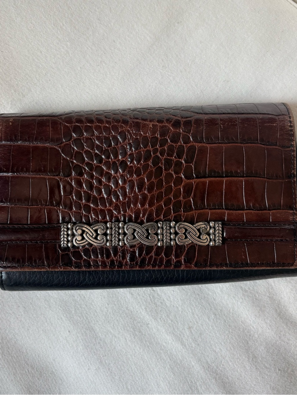 VTG Brighton Two Tone Leather Crossbody Wallet Organizer Brown Croc Black Silver